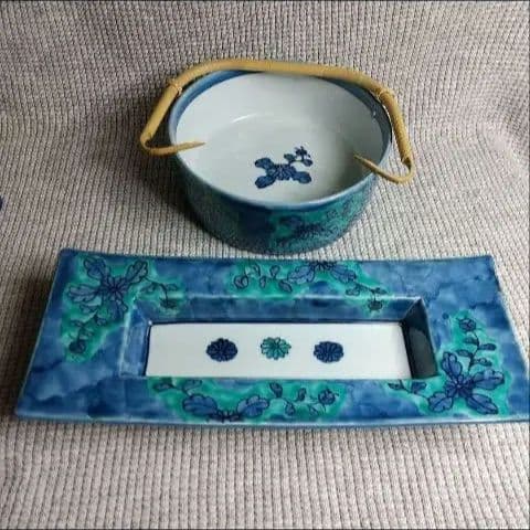 源右衛門　長角皿　染付波貝紋　貝絵柄 是米木窯 　稀少　即日発送