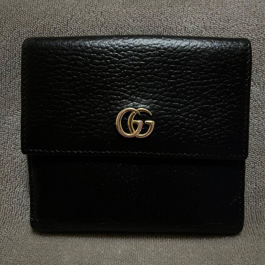 【極美品】GUCCI グッチ 二つ折り財布 GGマーマント ブラック 黒 レザー