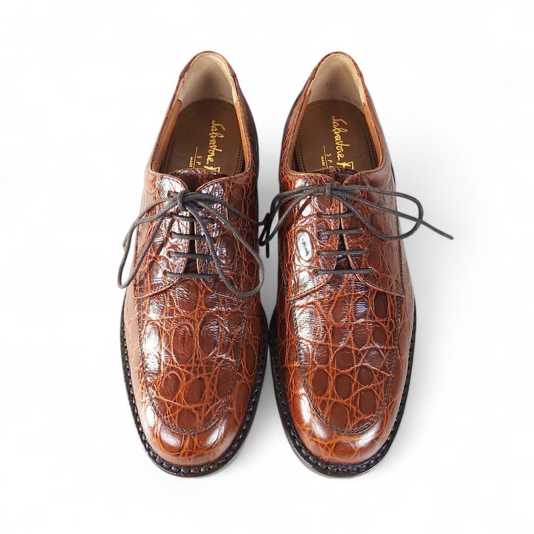 美品|フェラガモ|ゴルフシューズ|クロコダイル型押し|茶|5C|22cm