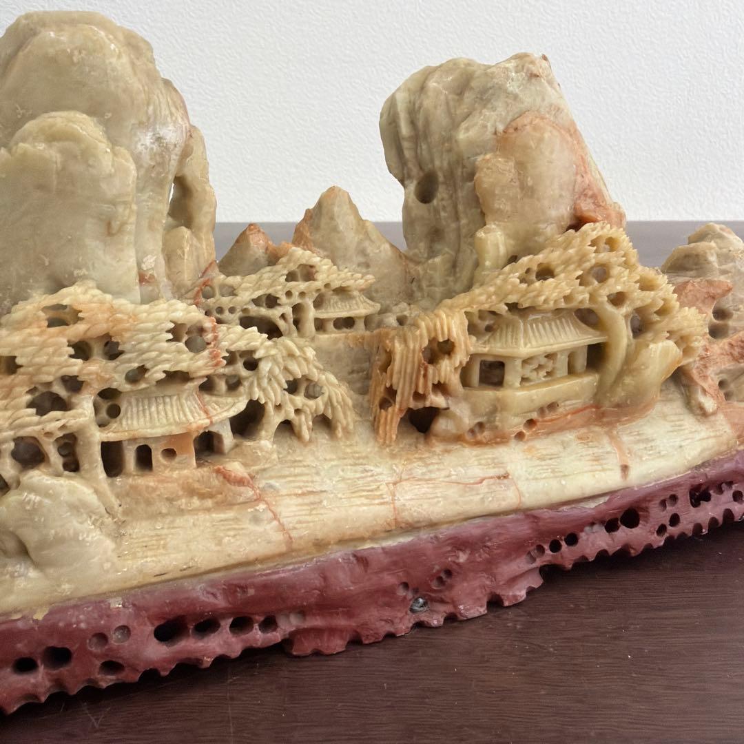 中国　天然石　置物　細密彫刻　石彫刻 山水風景の工芸品