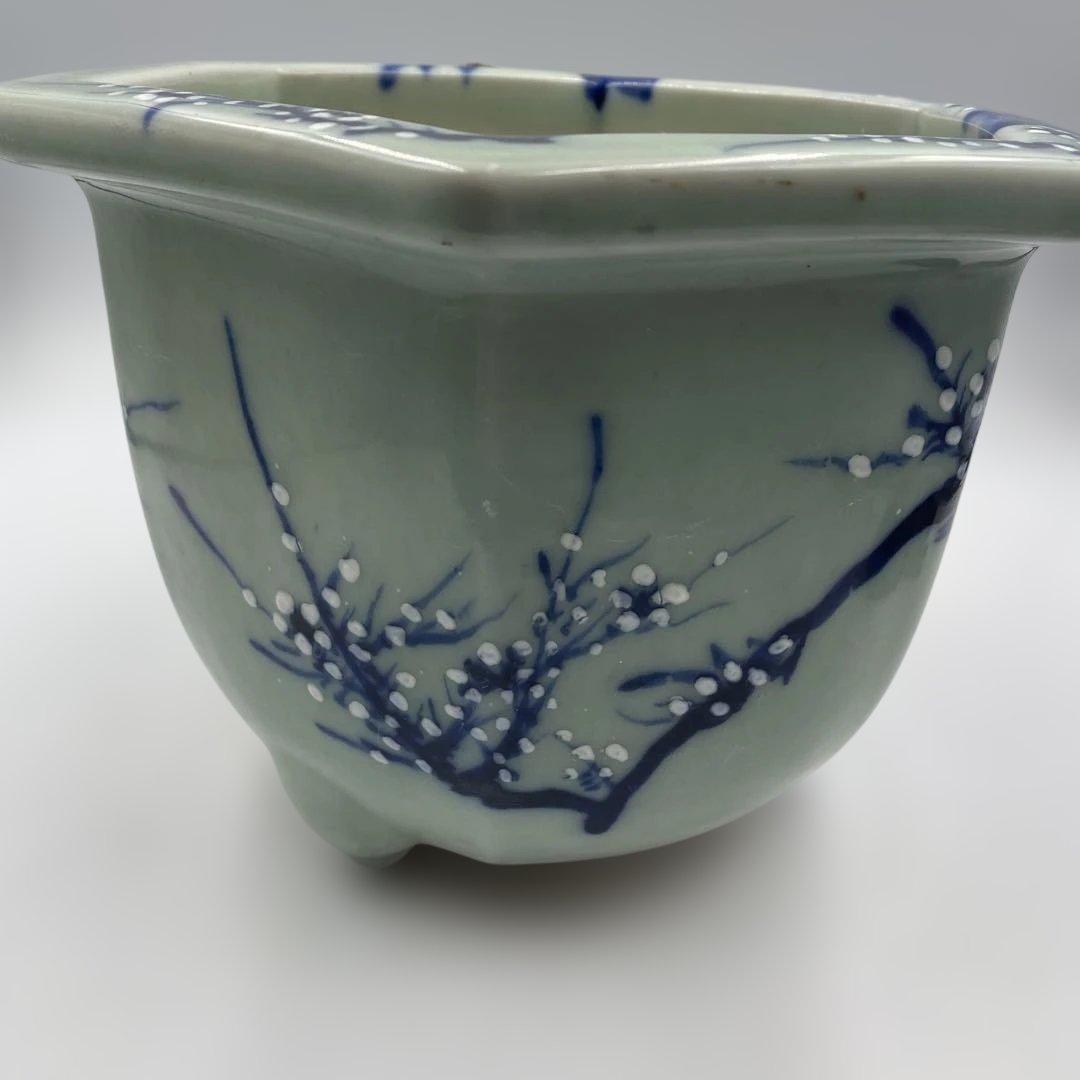 瀬戸 梅文 青磁 植木鉢 盆栽鉢 梅鉢 時代物　❷個セット