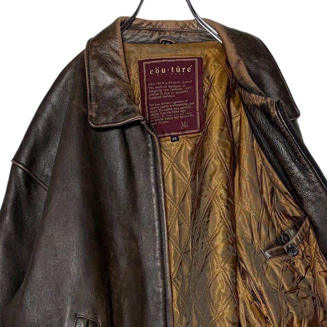 古着 本革レザージャケット 茶色 XL ジップアップ ブルゾン ブラウン革ジャン