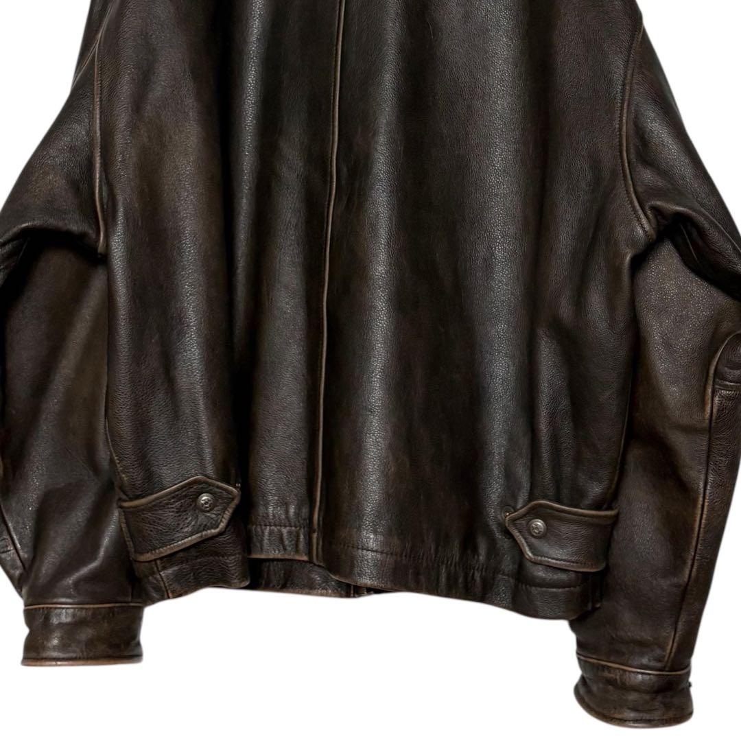 古着 本革レザージャケット 茶色 XL ジップアップ ブルゾン ブラウン革ジャン