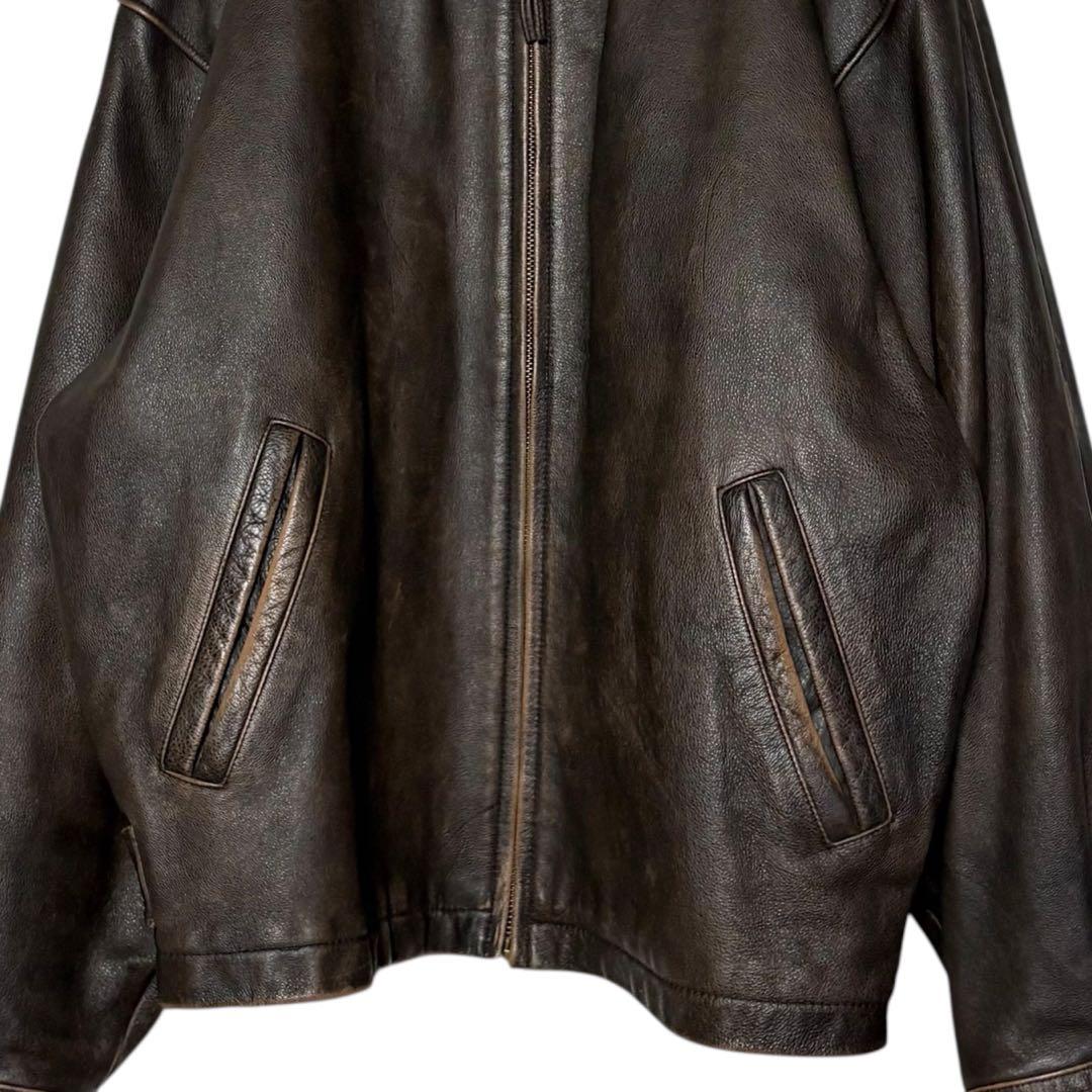 古着 本革レザージャケット 茶色 XL ジップアップ ブルゾン ブラウン革ジャン