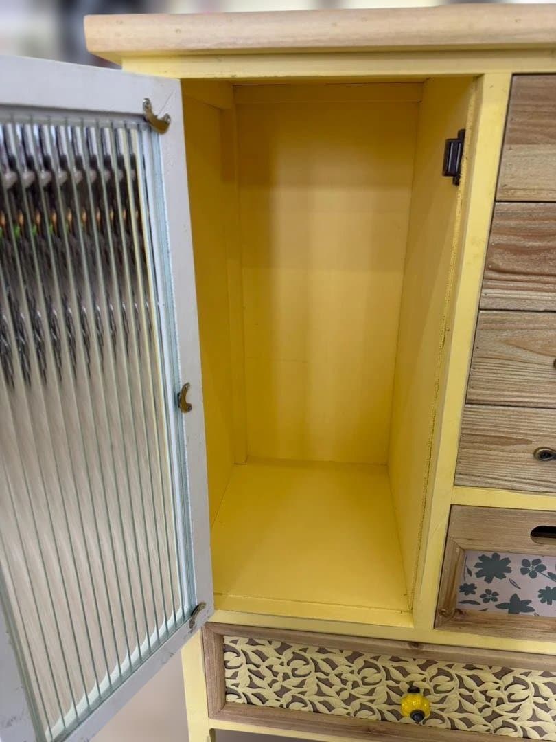 木製　カントリー　キャビネット　リビングボード　レトロ　棚　イエロー　ラック