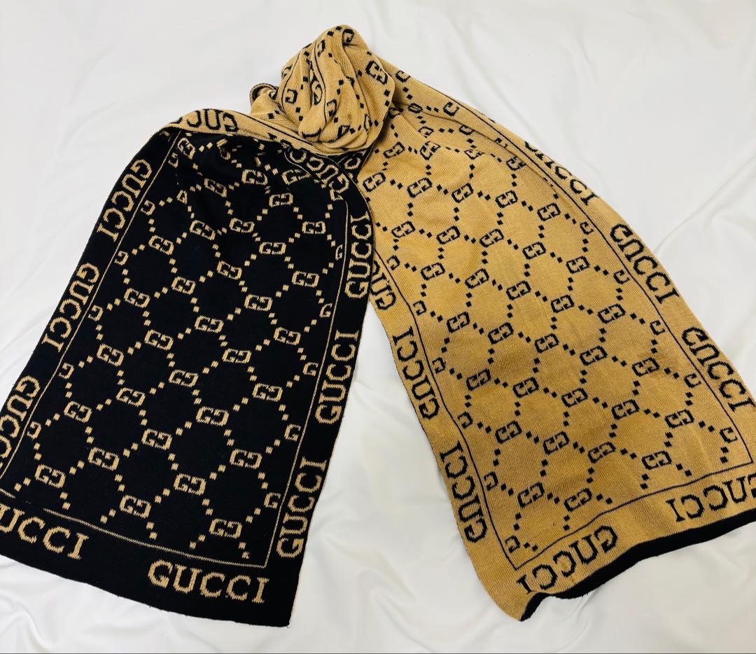 【希少】GUCCI GGロゴ　マフラーブラック・ベージュ　リバーシブル