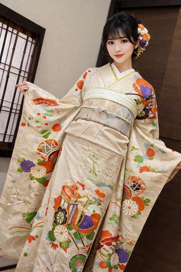 振袖フルセット6点サイズM〜Ｌ駒刺繍　寿光織り　御所車花鼓文　金彩　金糸　正絹