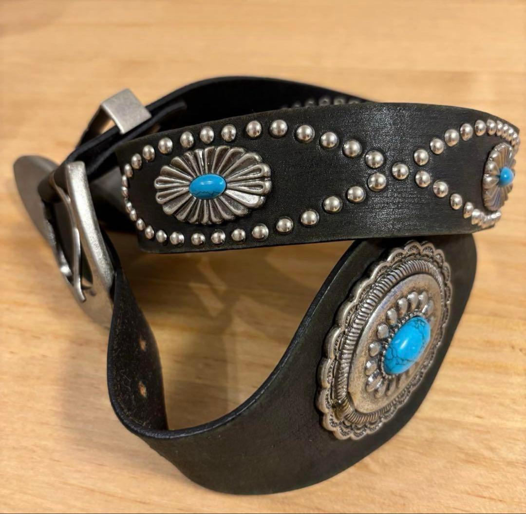 スタッズ レザー ターコイズ ベルト 本革 レザー ビンテージ