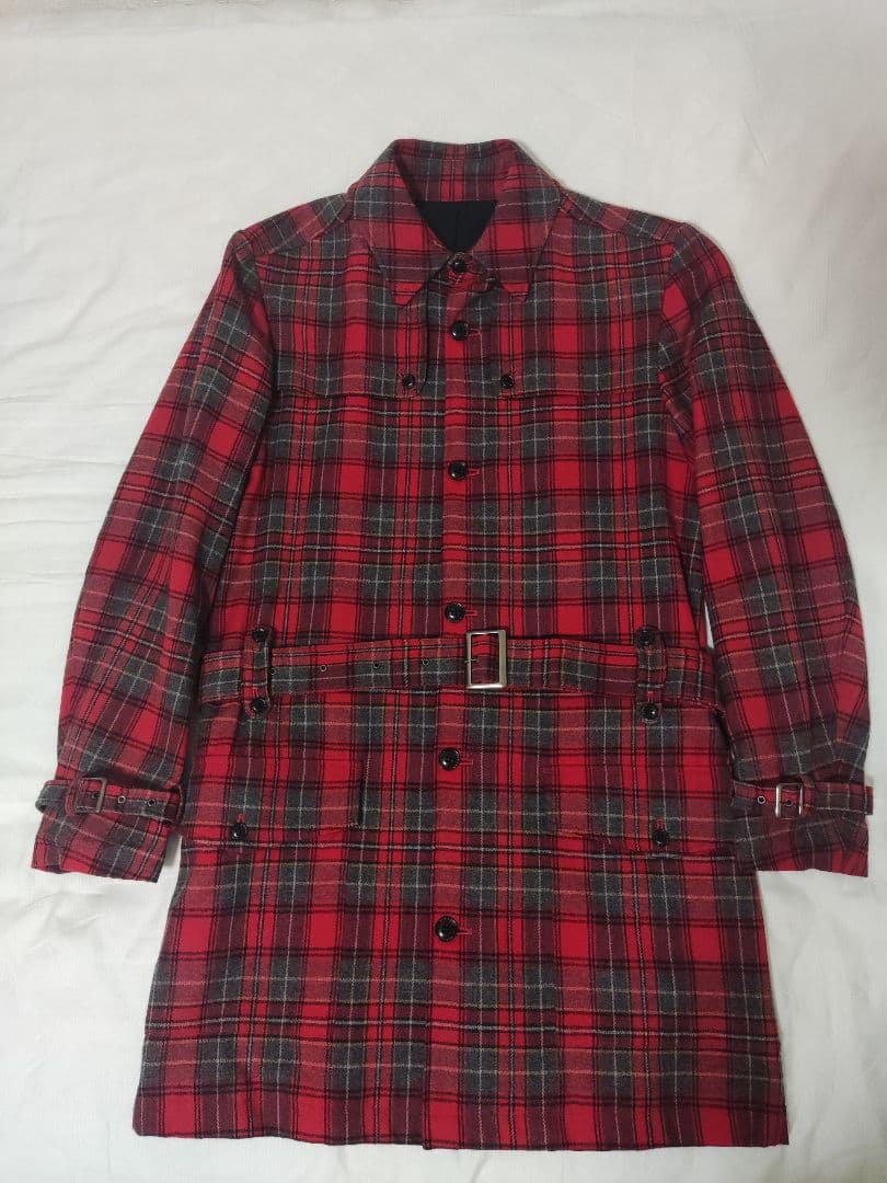 日本製BURNERレッドチェック トレンチコート メンズウールコートクリスマス