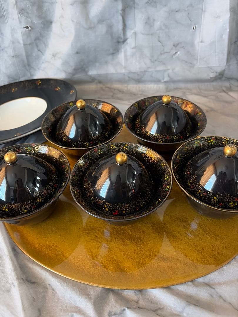 【有田焼】金彩蓋付黒小鉢　5セット