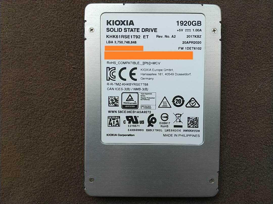 SSD 2TB(1920GB) 2.5 SATA 東芝 使用:520h 292回