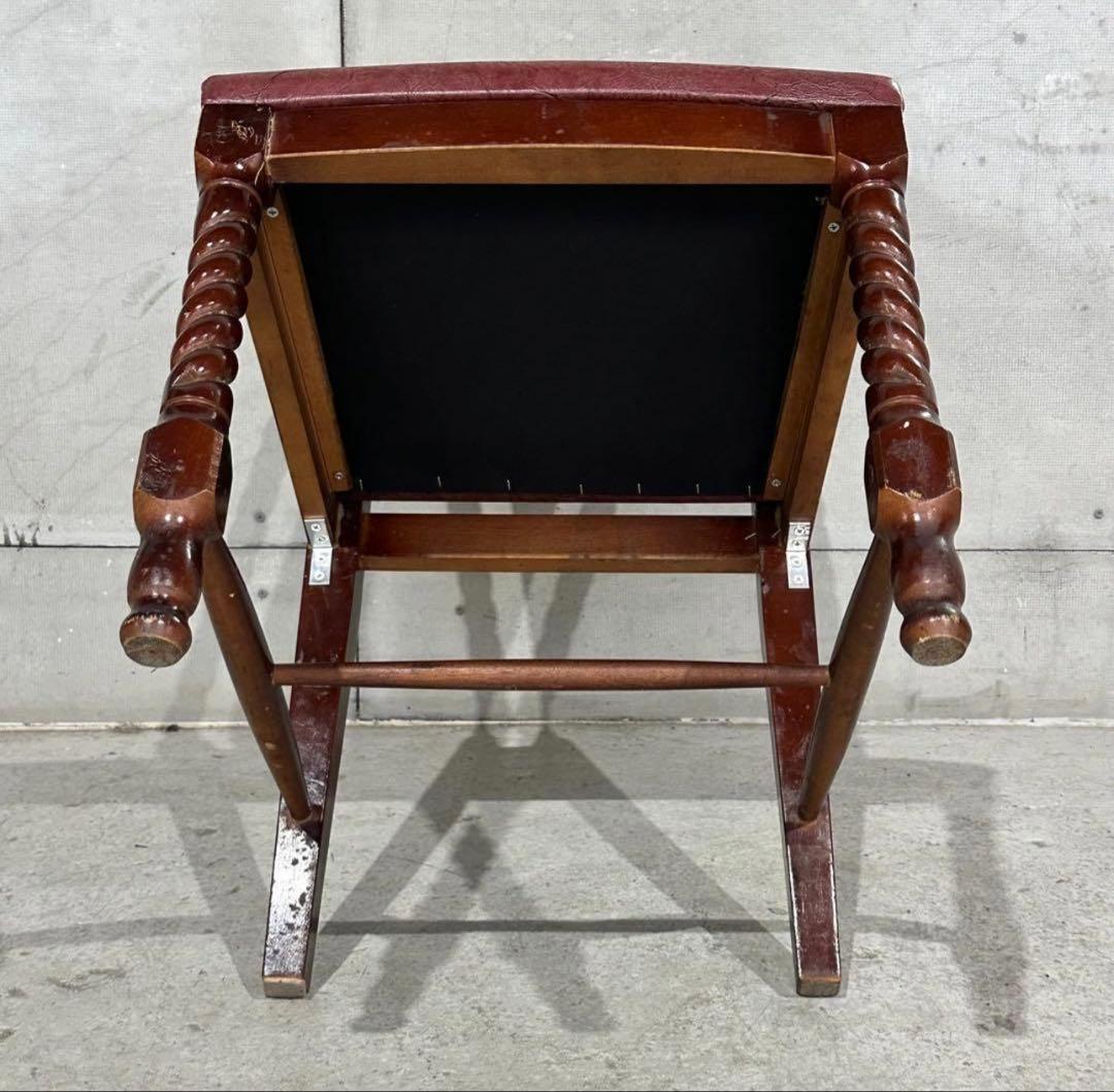 ✦バロック調✦アンティークチェア 木製 ツイスト脚 ワインレッド 鉄鋲 合皮張り