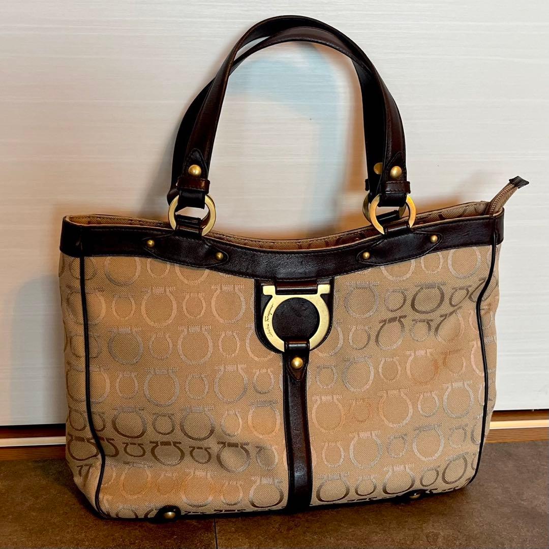 ベージュ キャンバス レザートートバッグ