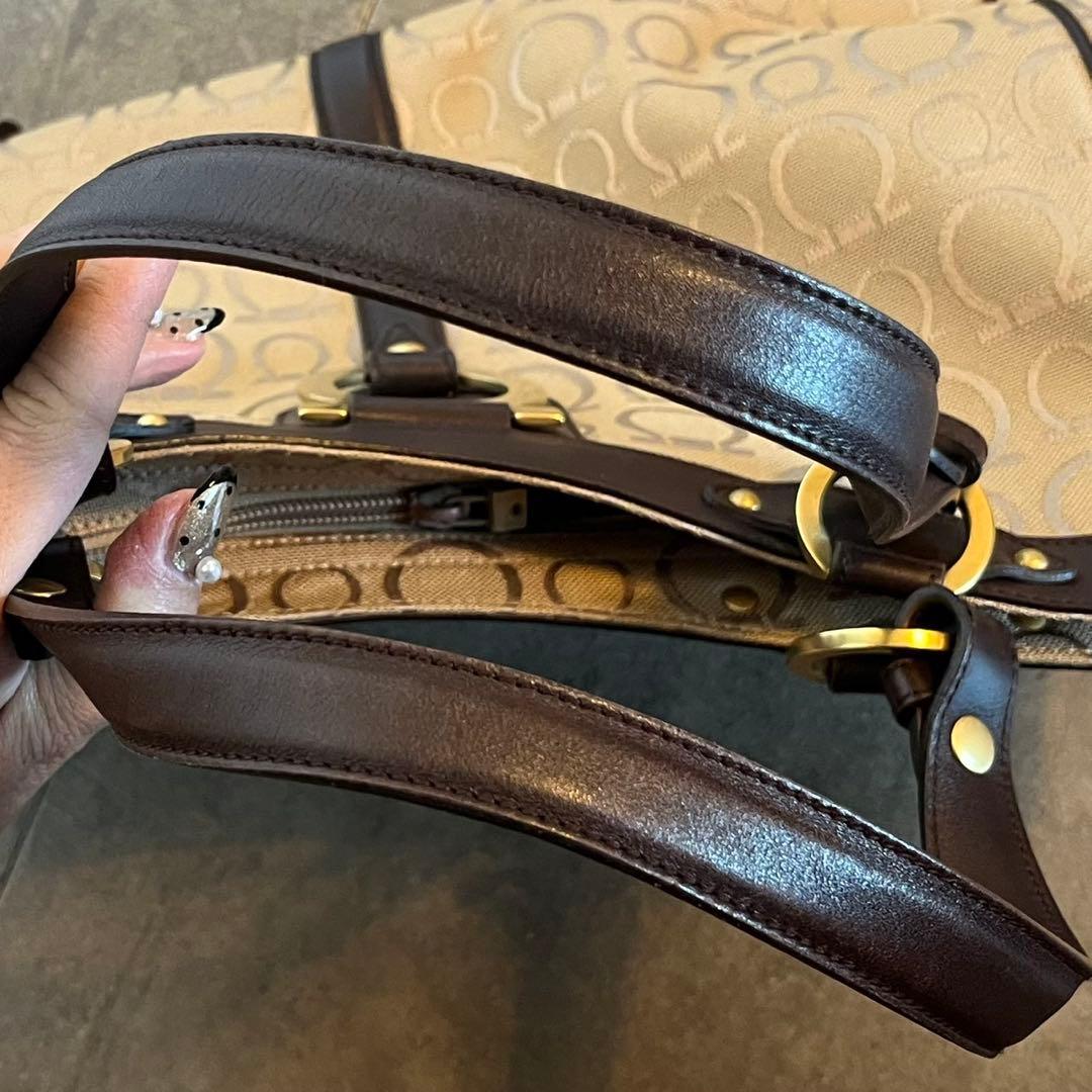 ベージュ キャンバス レザートートバッグ