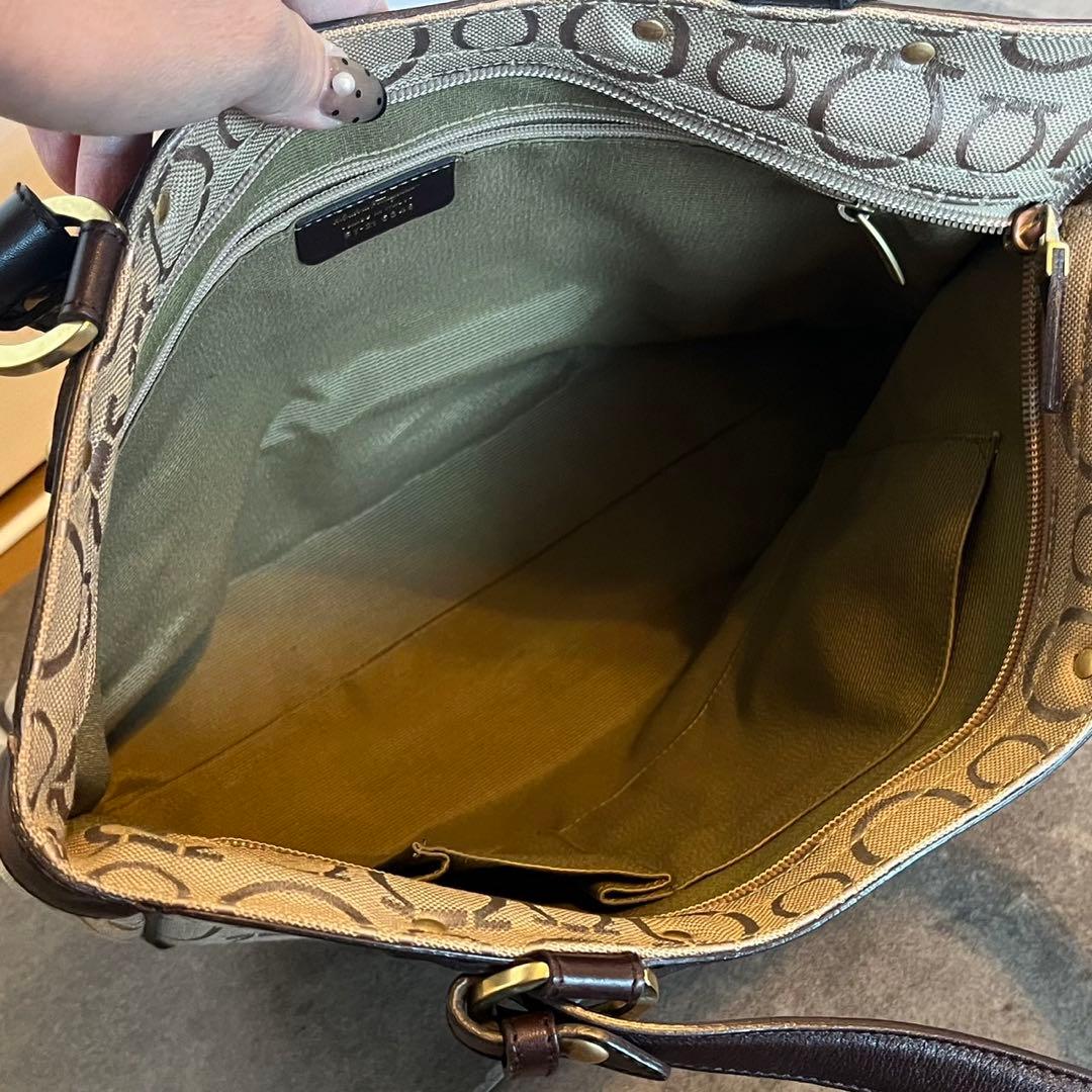 ベージュ キャンバス レザートートバッグ