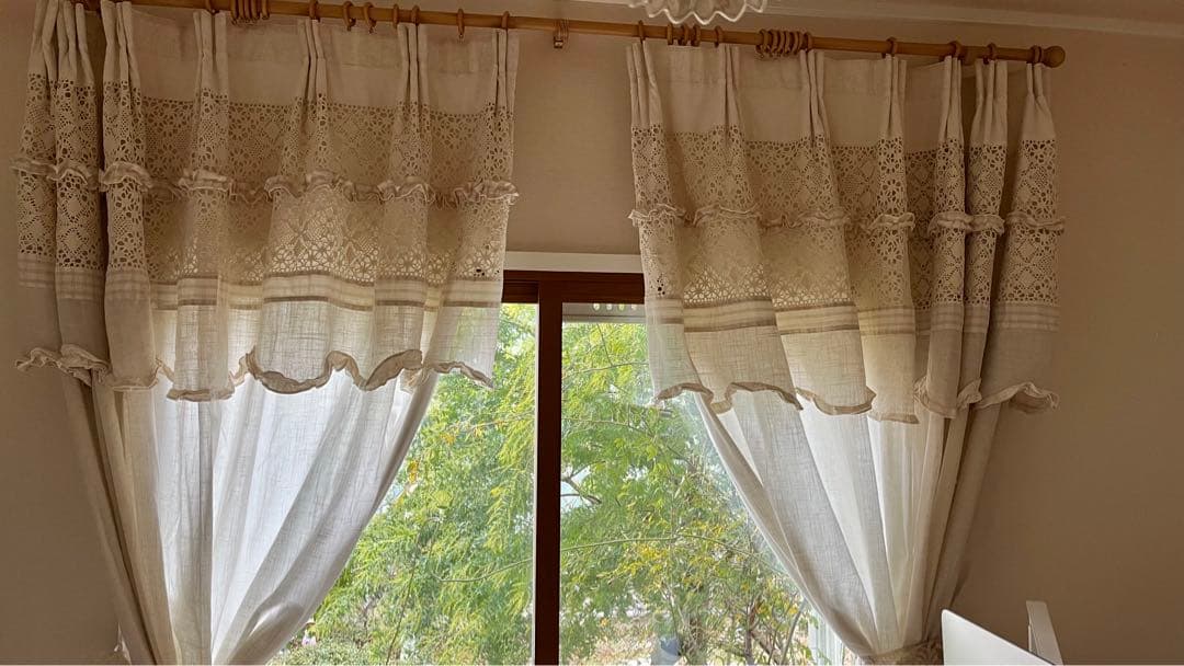フレンチカントリー 綿麻レースカーテン 2枚セット