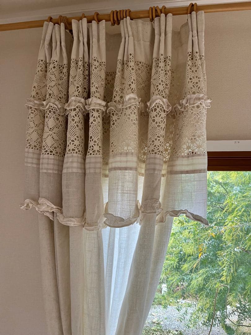 フレンチカントリー 綿麻レースカーテン 2枚セット