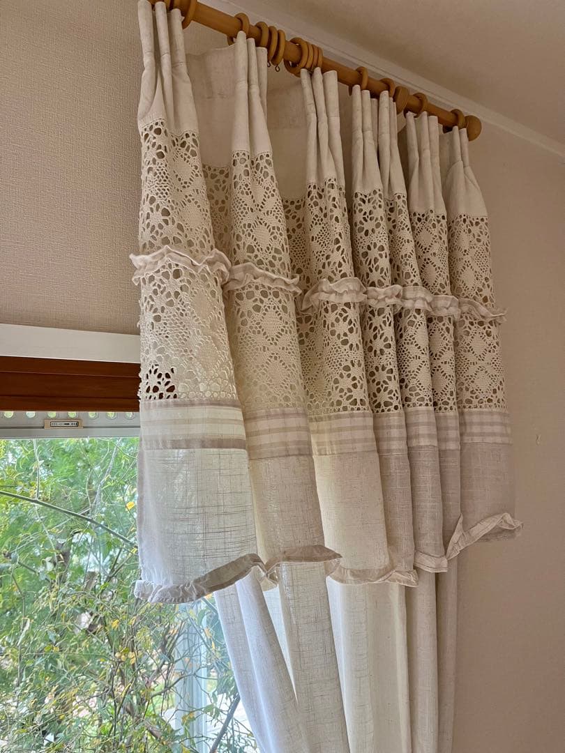 フレンチカントリー 綿麻レースカーテン 2枚セット