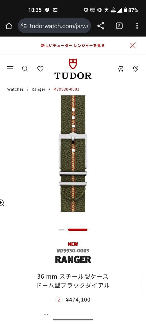 チューダーレンジャー36 純正ファブリックベルト