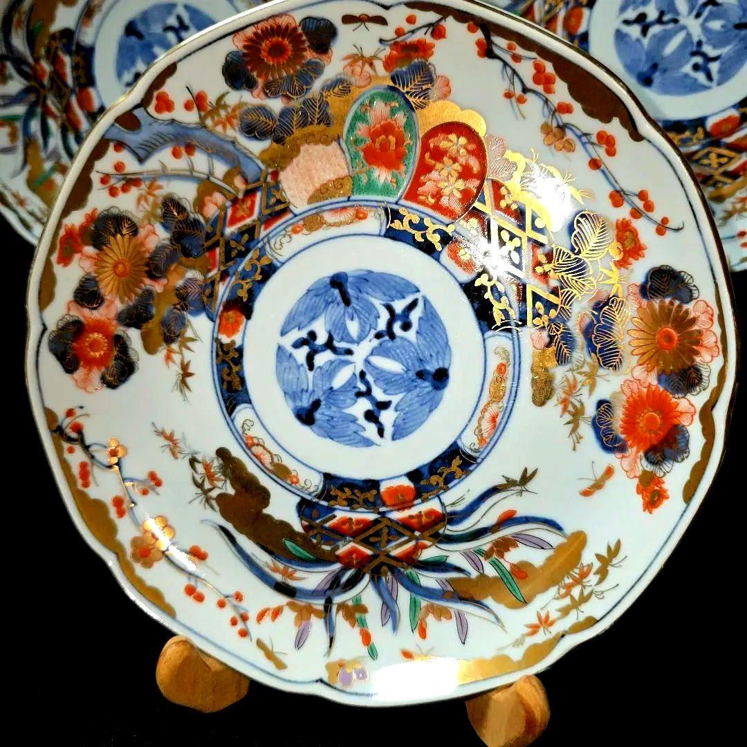 龍峰窯　染錦金彩四君子　古伊万里　19cm　中皿　3枚