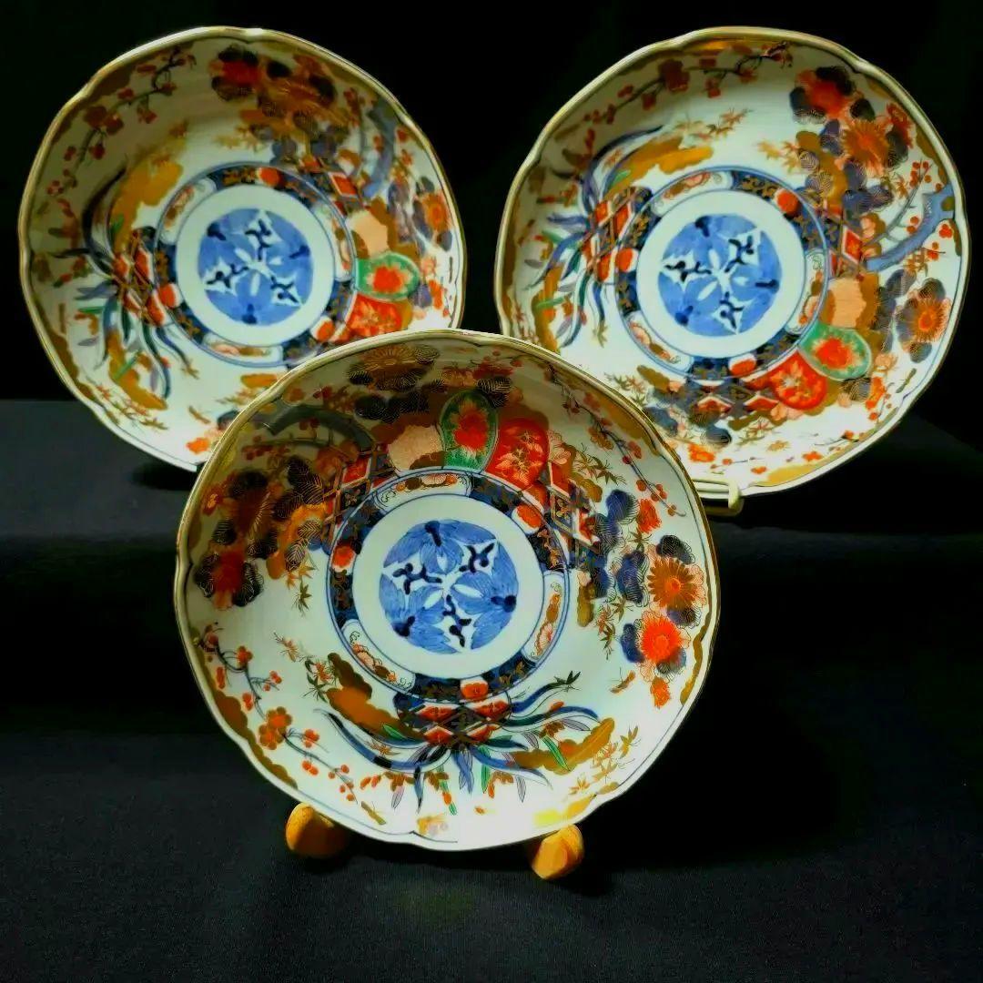 龍峰窯　染錦金彩四君子　古伊万里　19cm　中皿　3枚