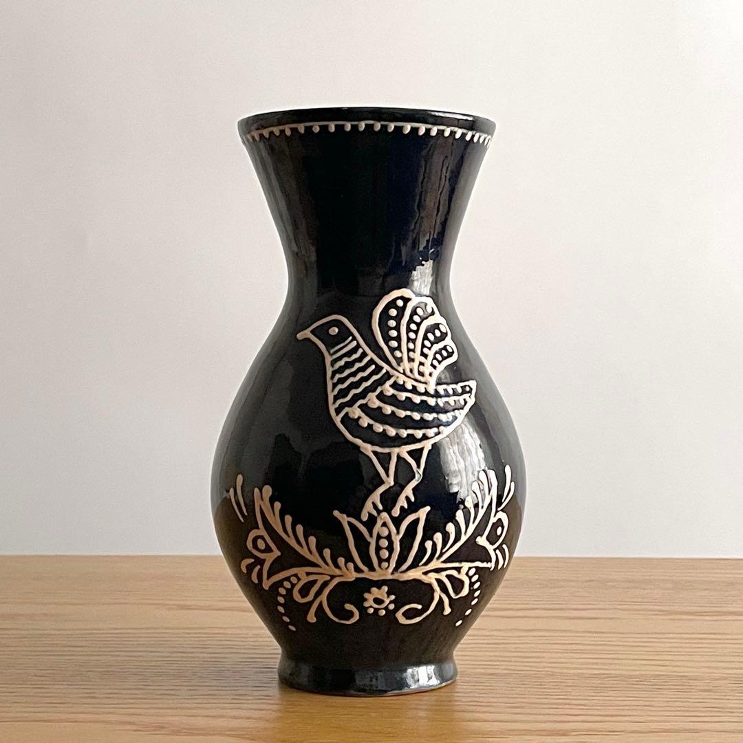 リトアニア？ ビンテージ いっちん描き 鳥花文 ピッチャー 花入 スリップウェア