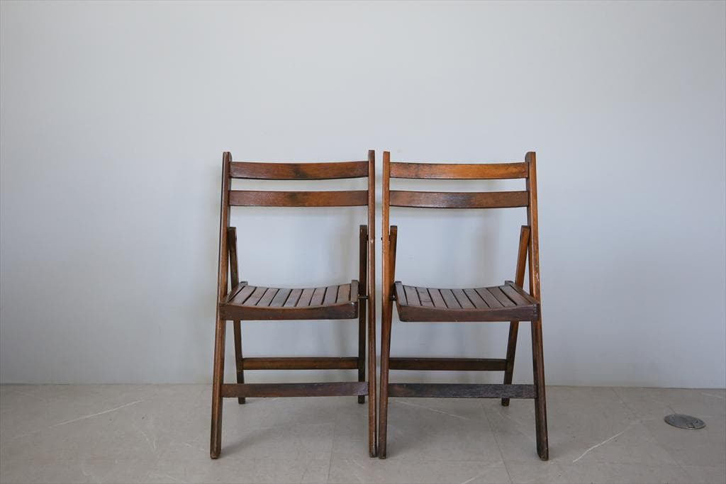 英国アンティーク木製古木フォールディングチェア2脚/折畳式椅子イス(89-3-1