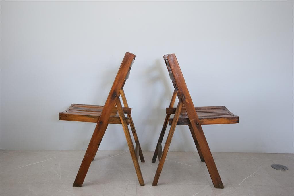 英国アンティーク木製古木フォールディングチェア2脚/折畳式椅子イス(89-3-1