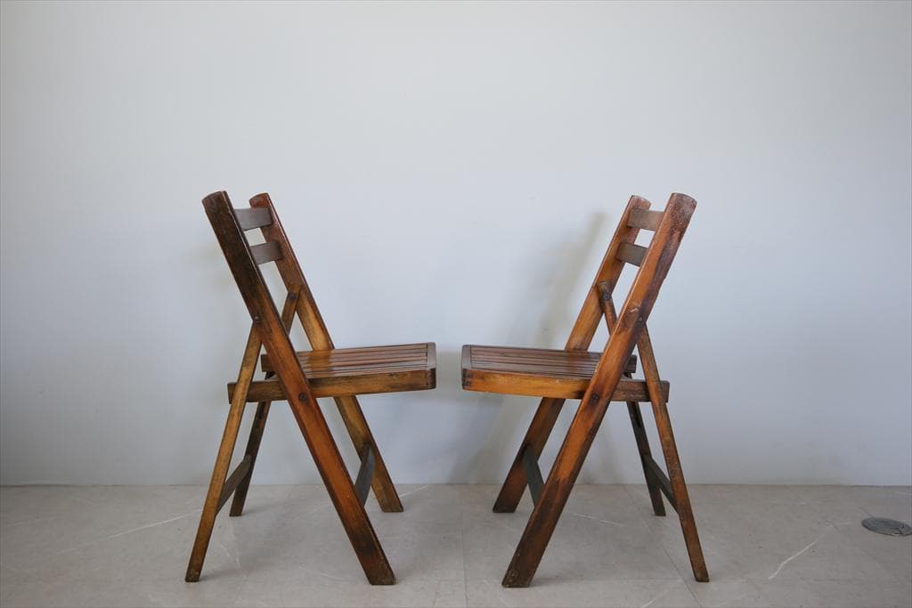 英国アンティーク木製古木フォールディングチェア2脚/折畳式椅子イス(89-3-1