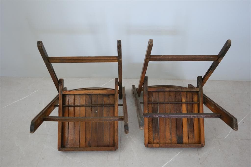 英国アンティーク木製古木フォールディングチェア2脚/折畳式椅子イス(89-3-1