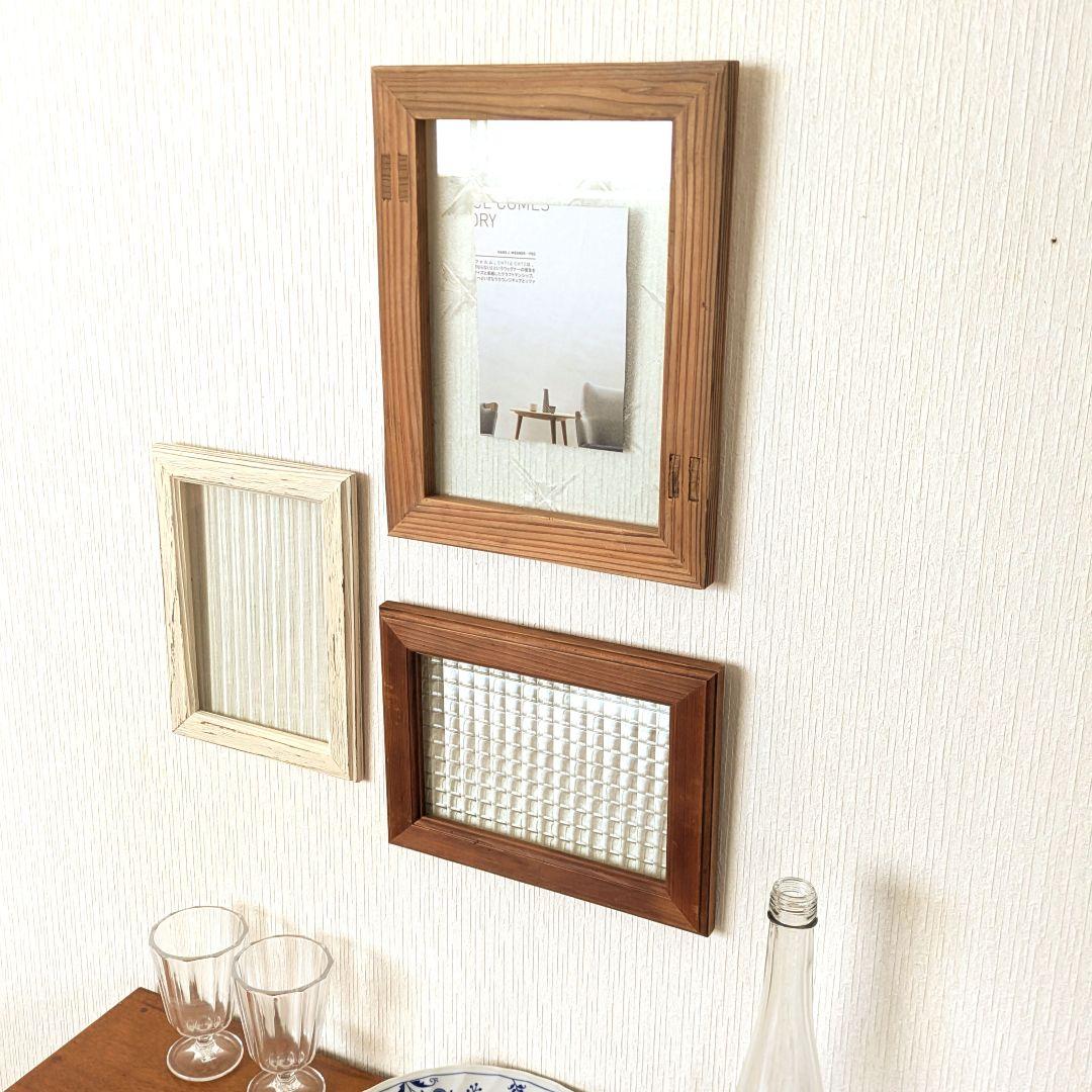 古材レトロガラスフレーム 3枚セット　ハンドメイド作品額　写真たてフォトフレーム