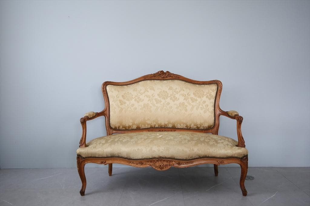 フランスアンティーク猫脚フレンチソファ/セティー/木製2人掛けイス(92-212