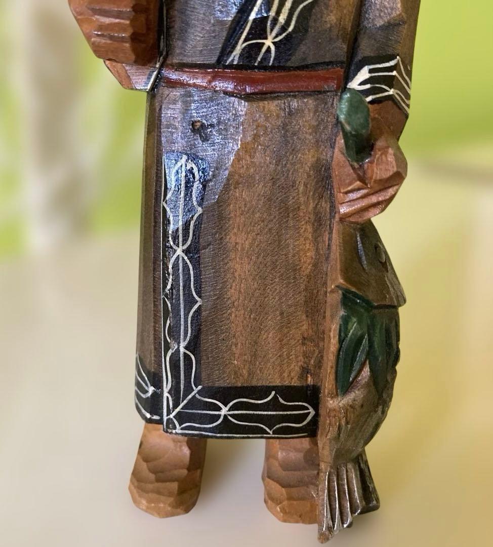 木彫り 農民美術 木端人形 アイヌ 夫婦 小熊 鮭　2体セット