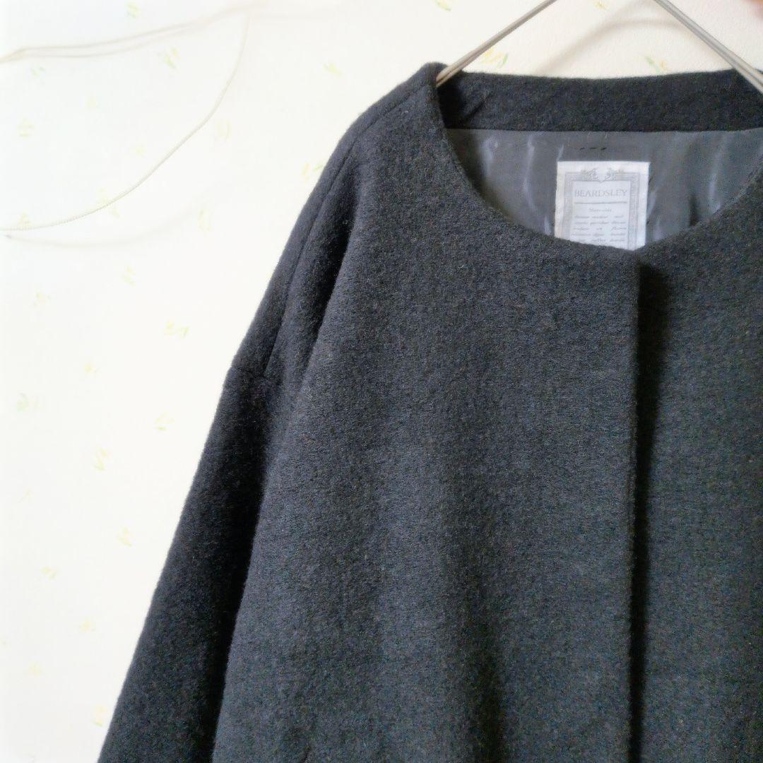 BEARDSLEY 　ノーカラー Aラインコート　ウールブラック ロングコートF