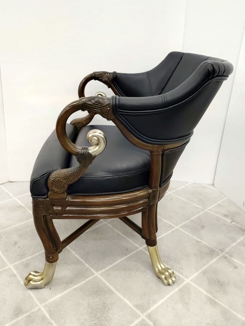 ヴィンテージ ブラックレザー 肘付きチェア アンティーク調チェア