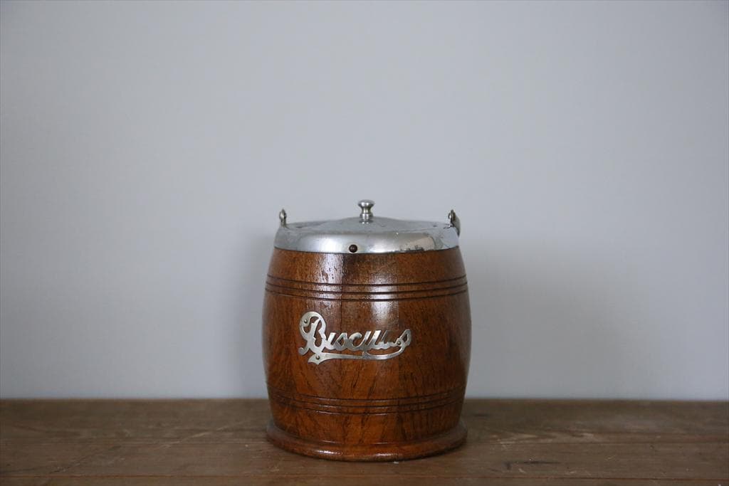 英国アンティーク木製ビスケットバレル/樽/収納ボックス小物入れ(83-76)