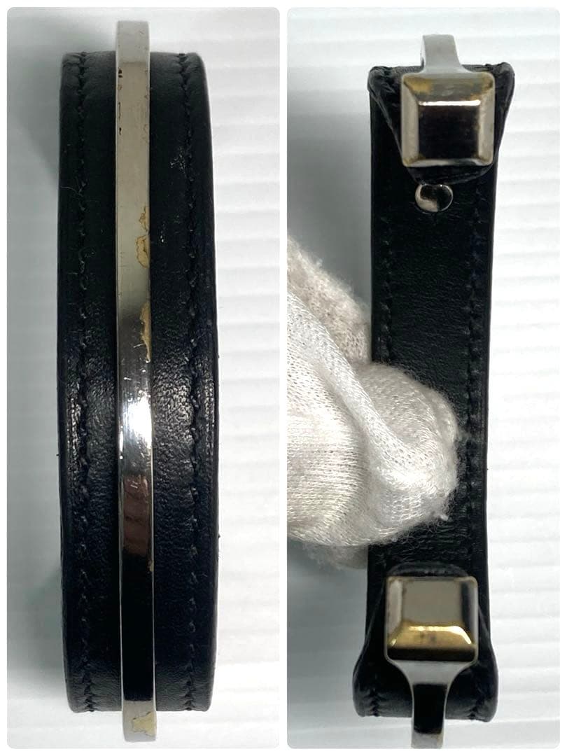 HERMES エルメス　レザー　シルバー金具　バングル　ブレスレット　ブラック