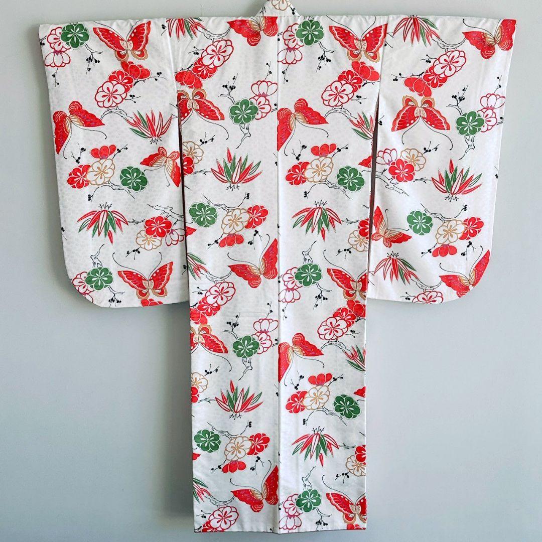 フルセット　七五三　７歳女の子　白系　蝶梅竹　レトロ　緑袋帯　簡単半衿　7075