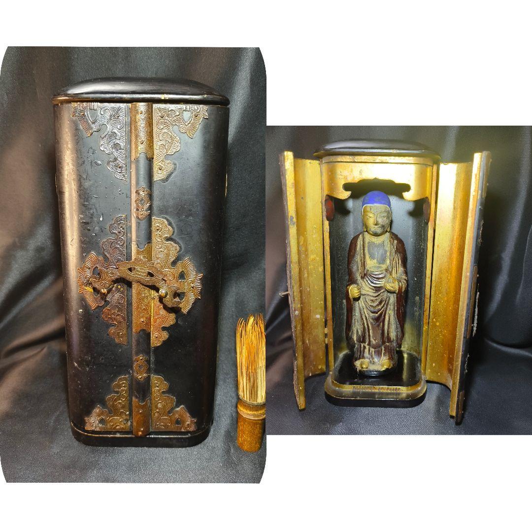 仏教古美術 漆金彩木彫り仏像 厨子付 骨董 アンティーク 蒐集家放出 旧家蔵出し