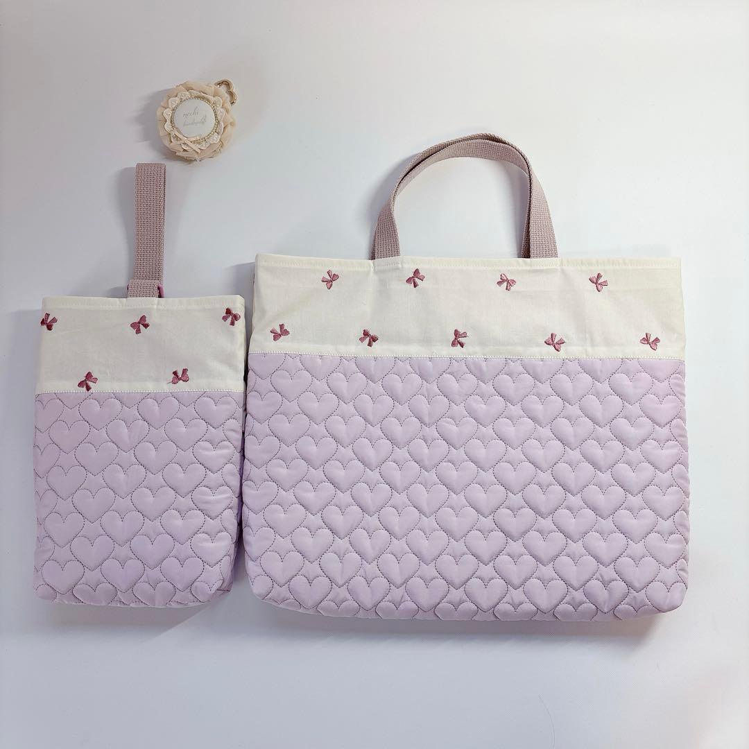 りぼん　刺繍生地　ハート　キルト　キルティング　ヌビ　レッスンバッグ　上履き袋