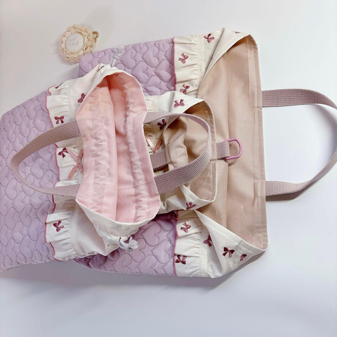 りぼん　刺繍生地　ハート　キルト　キルティング　ヌビ　レッスンバッグ　上履き袋