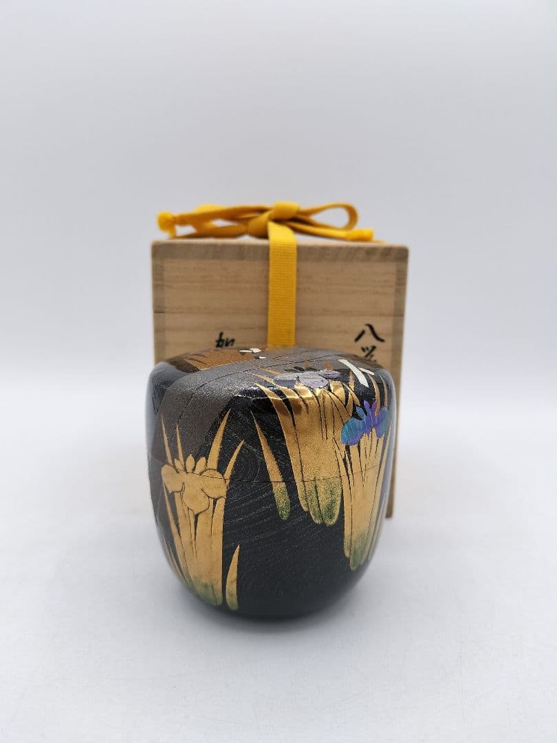 c857 大棗　八ツ橋蒔絵 堀之内宗完書付 加州 大井好雲斎造 木箱 茶道　古物