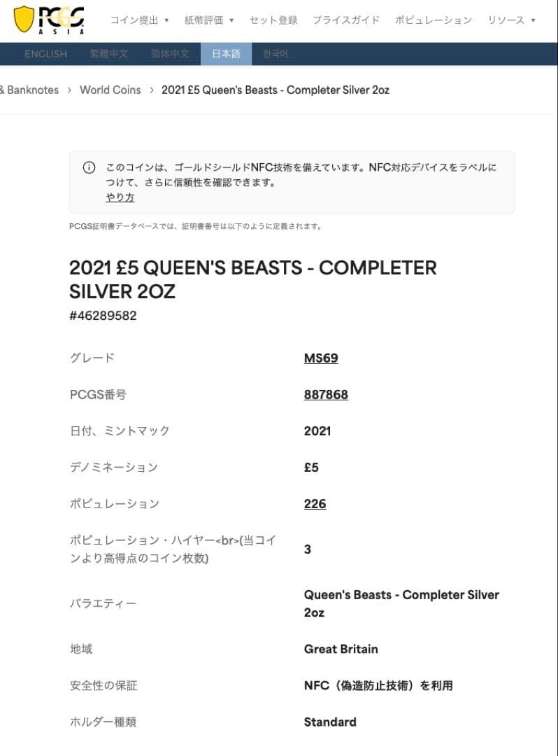 2022年 クイーンズビースト コンプリーター 2オンス 5ポンド 銀貨