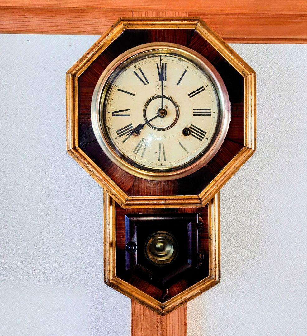 〈OH済完動・美品〉高野時計製造所旗印　金箔八角ゼンマイ振り子時計　アンティーク