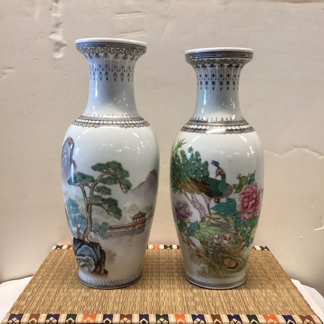 中国山水画 陶器 花瓶 2点セット