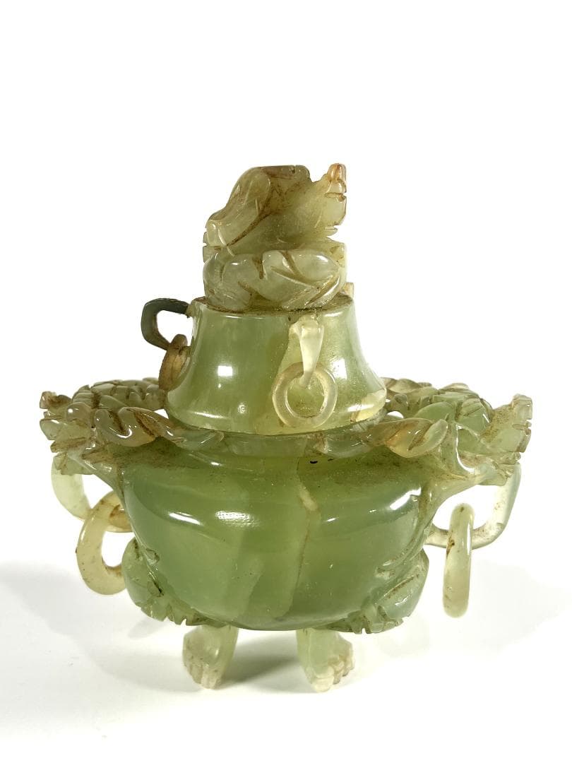 【送料無料・蔵出し】玉石　瑞獣双耳遊環香炉　置物　インテリア　骨董