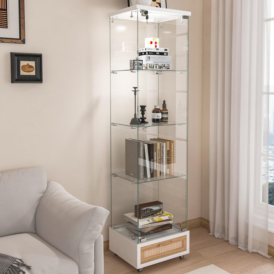 【新品】LED照明&引き出し付きガラス収納棚 鍵付き強化ガラス