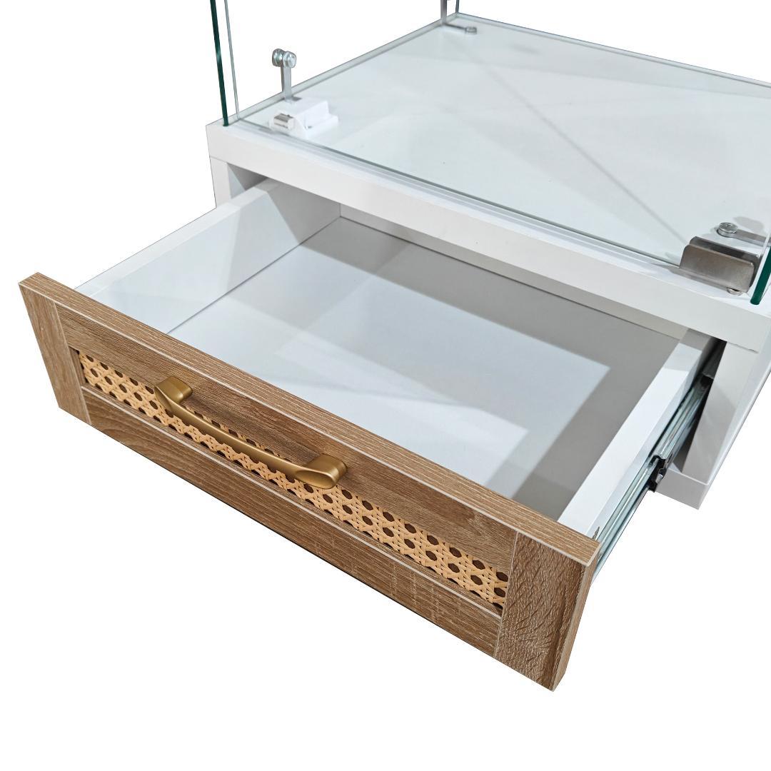 【新品】LED照明&引き出し付きガラス収納棚 鍵付き強化ガラス