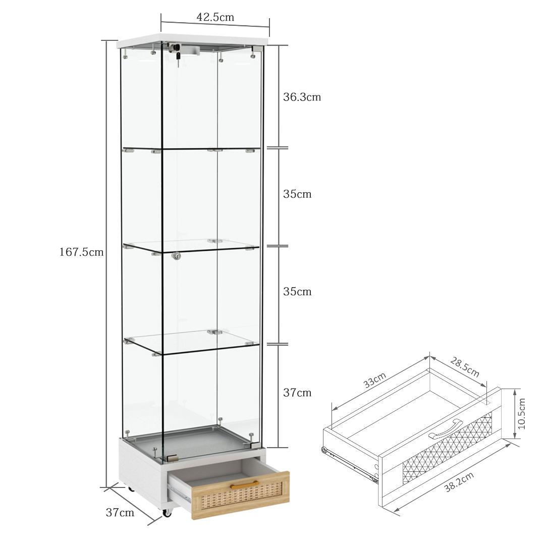 【新品】LED照明&引き出し付きガラス収納棚 鍵付き強化ガラス