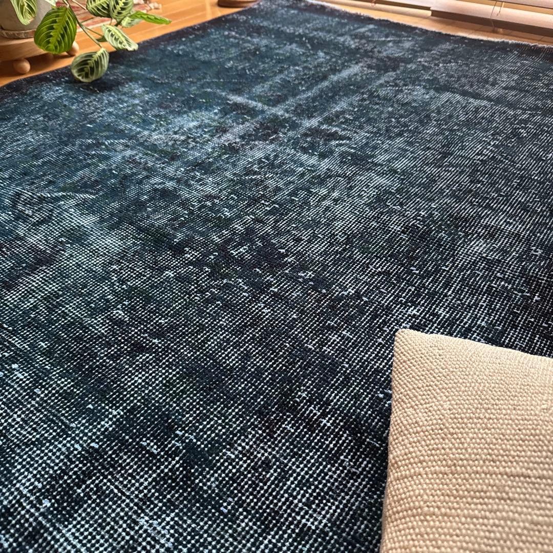貴重110×198 デニムブルー藍色オーバーダイ　トルコヴィンテージラグ